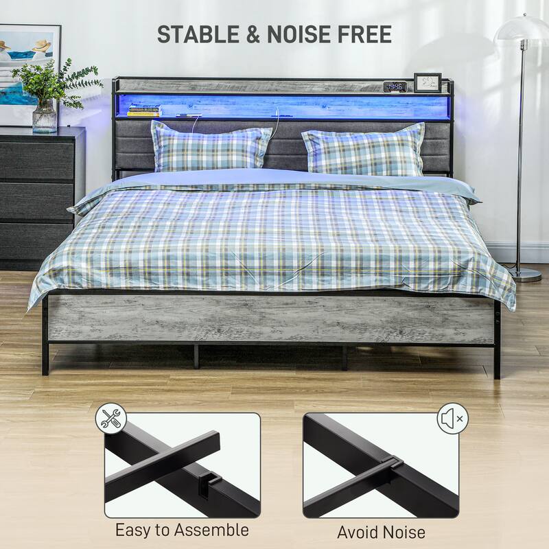King Size Bed Frame with LED Lights, Charging Station, Upholstered Headboard and Under-Bed Storage, No Box Spring Needed