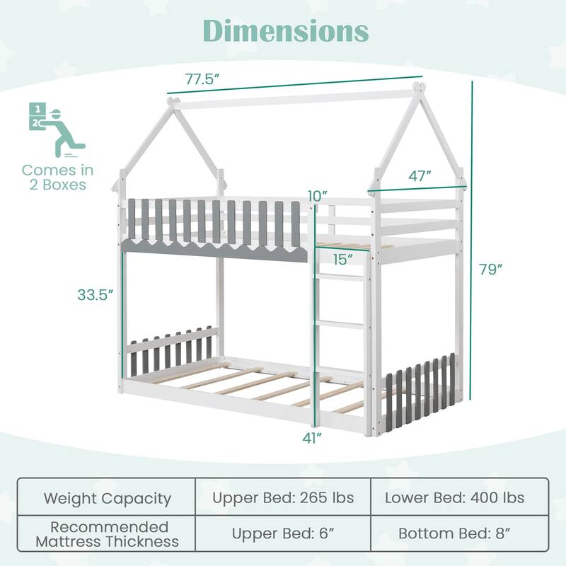 Gymax Twin Over Twin Bunk Bed w/ Fence & Ladder Solid Wood Floor Bunk
