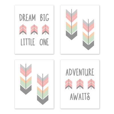 Sweet Jojo Designs Grey Coral Mint Woodland Mod Arrow Collection Wall Decor Art Prints (Set of 4) - Dream Big Little One