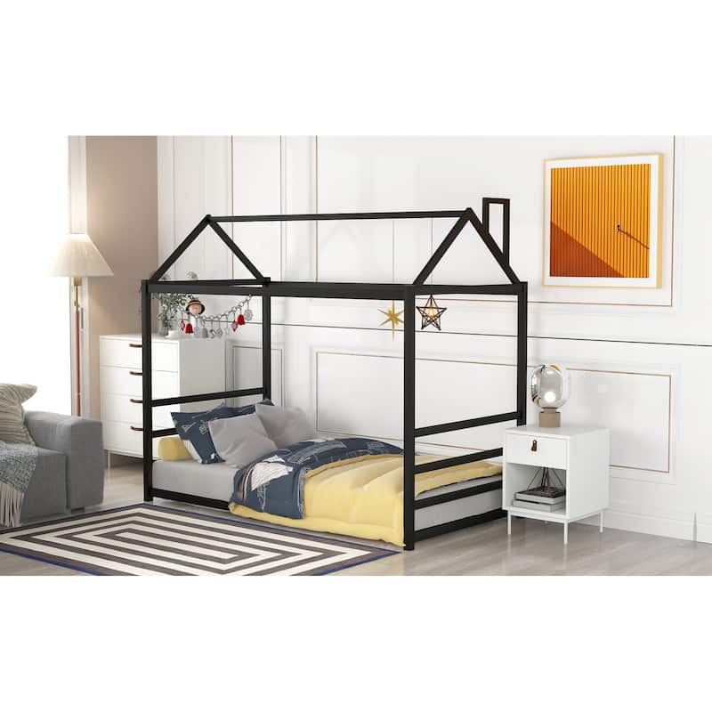 Twin House Platform Bed with Roof and Chimney Design, Metal Frame