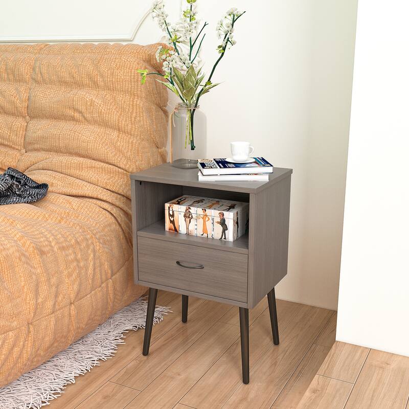 Set of 2 Nightstand Side Table Lamp Table with Drawer, File Cabinet Dressing Table Corner Table with Open Shelf