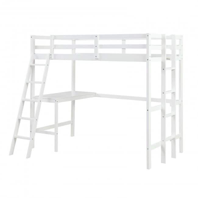 Twin Size Loft Bed Frame with Desk Angled and Built-in Ladder