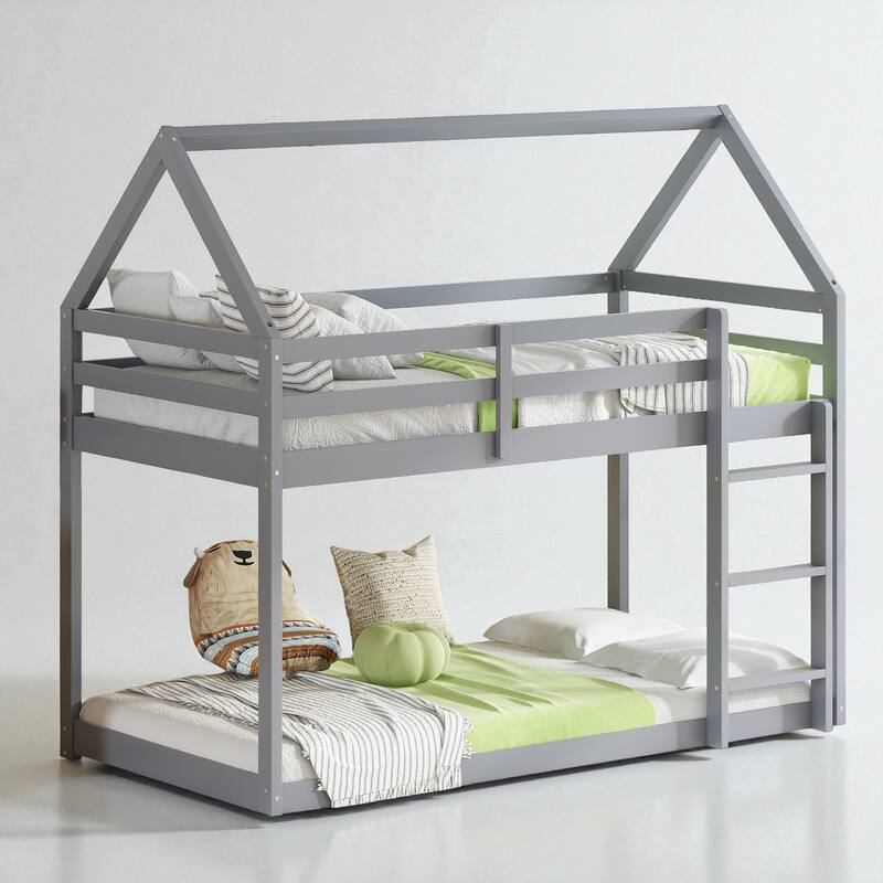 Twin Over Twin Floor Bunk Bed with House Roof Design, Rubber Wood Frame, Ladder and Guardrails for Kids Bedroom