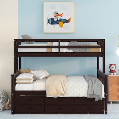 Twin-Over-Full Bunk Bed with Trundle and 3 Drawers, Playhouse-Inspired Design