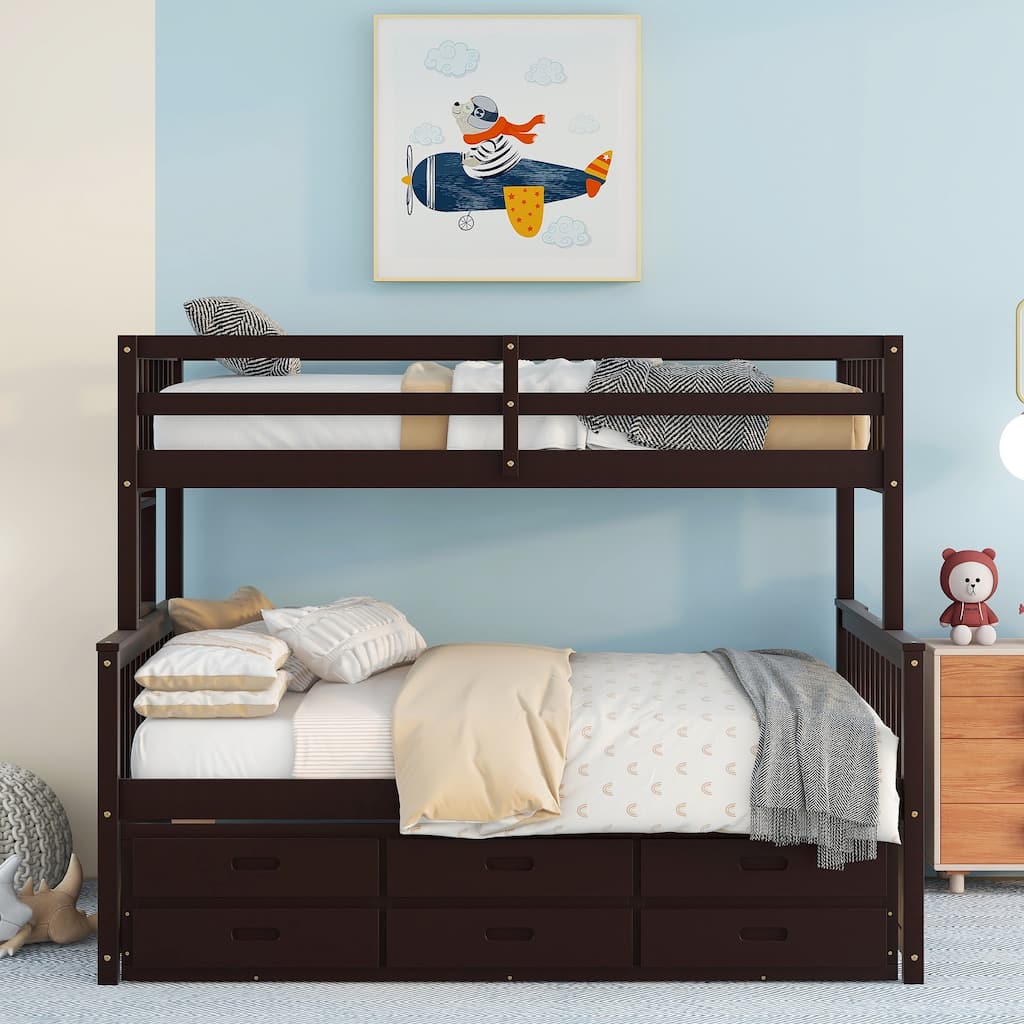 Twin-Over-Full Bunk Bed with Trundle and 3 Drawers, Playhouse-Inspired Design