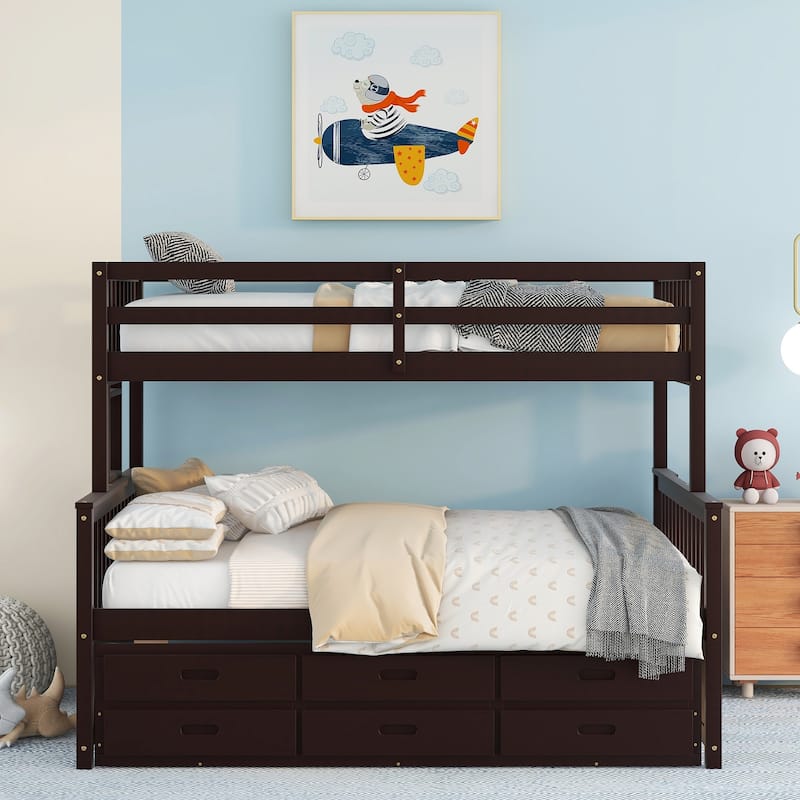 Twin-Over-Full Bunk Bed with Trundle and Drawers, Space-Saving Kids Bedroom Furniture in Espresso