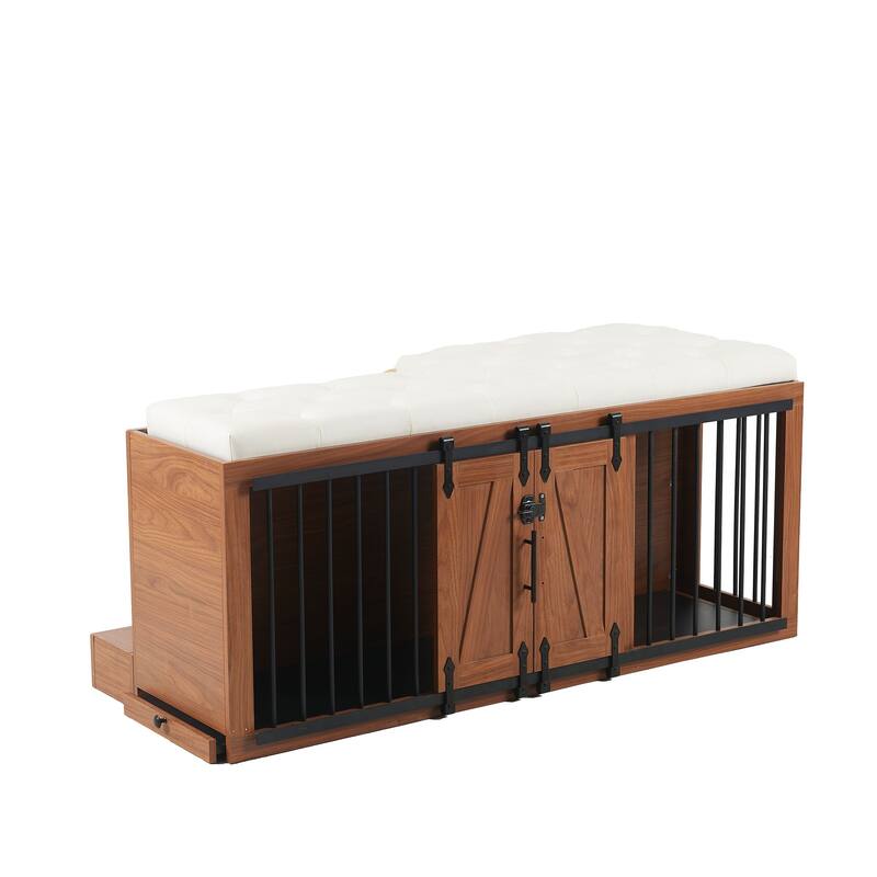 56" Wooden Dog Kennel with Designed Pet Stairs, Sliding Barn Door, Removable Cushion