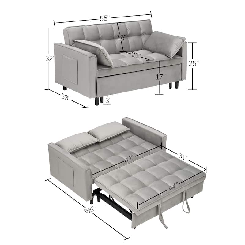 55" 3-in-1 Double Pull-Out Sofa Bed for Living Room