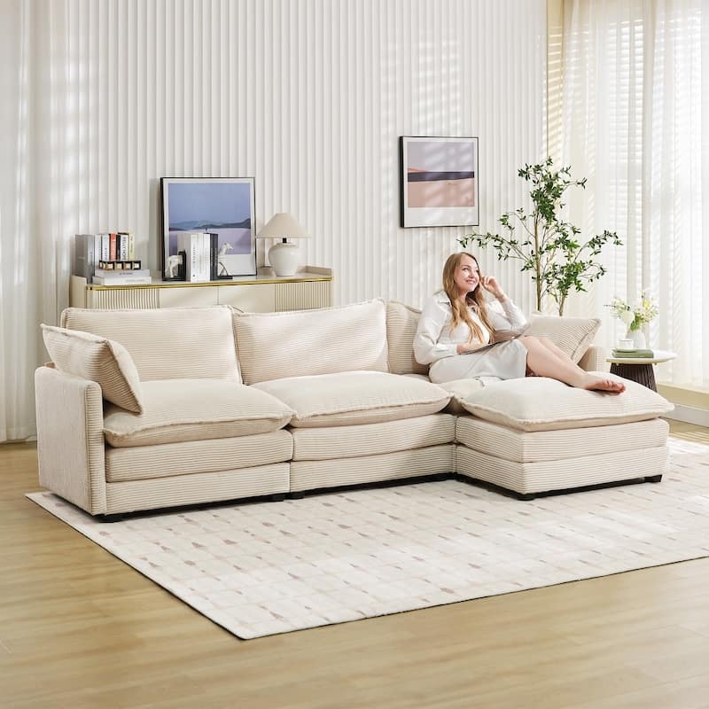 3-Seat Corduroy Modular Sofa with an Independent Removable Ottoman for Living Room or Business