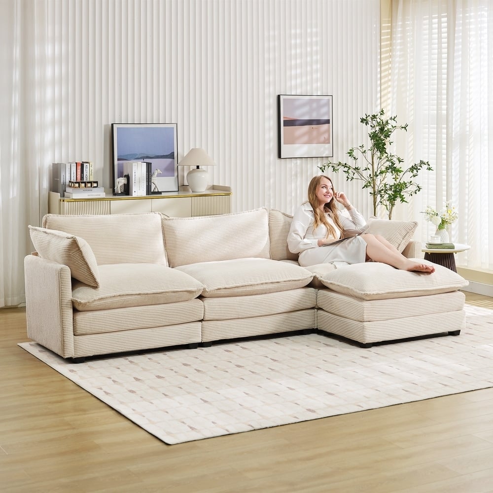 3-Seat Corduroy Modular Sofa with an Independent Removable Ottoman for Living Room or Business