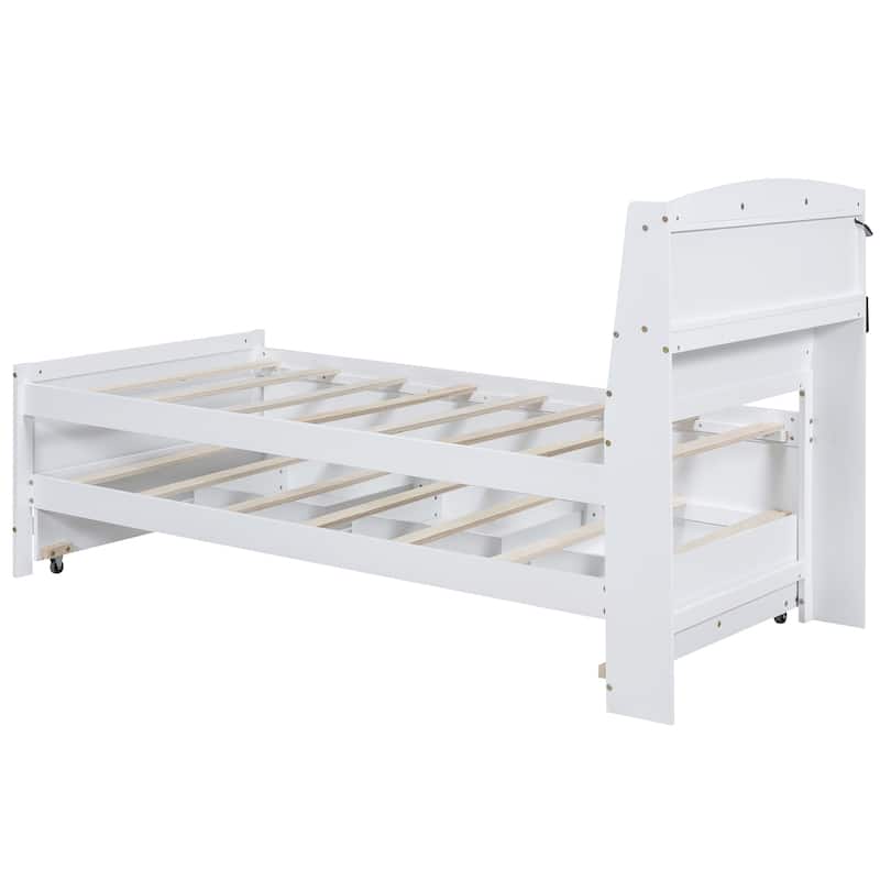 White Twin Size Platform Bed with LED Headboard, Twin Trundle, and 3 Drawers