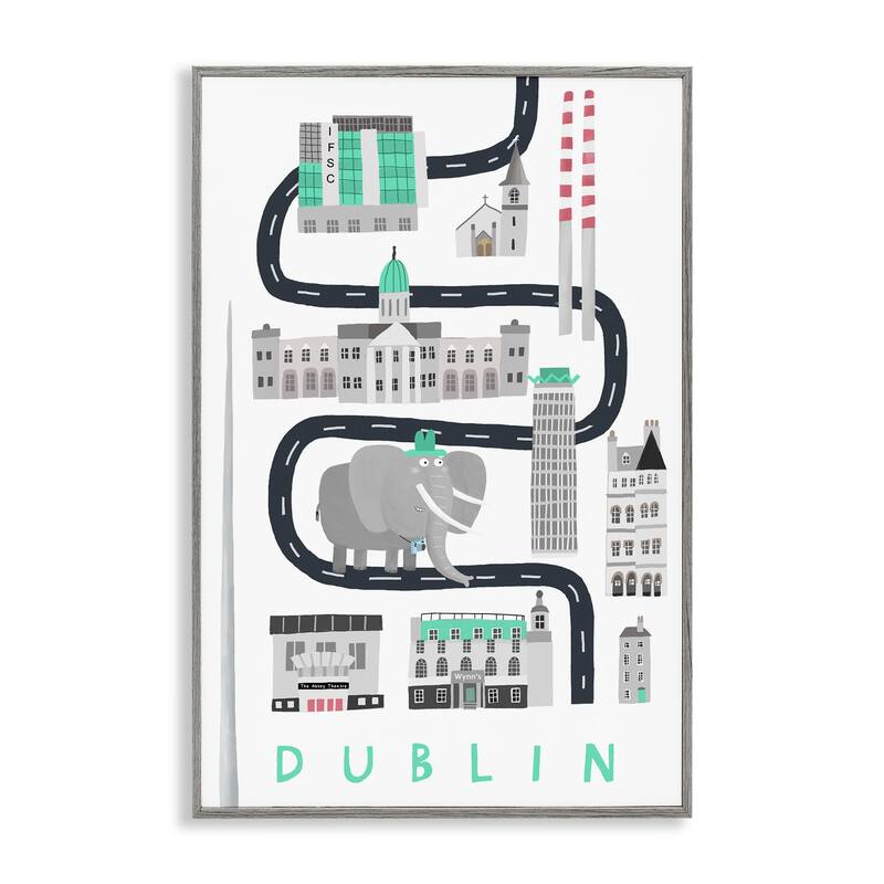 Stupell Dublin Whimsical Travel City Framed Giclee Art Design By Carla Daly - 16 x 24 - Grey