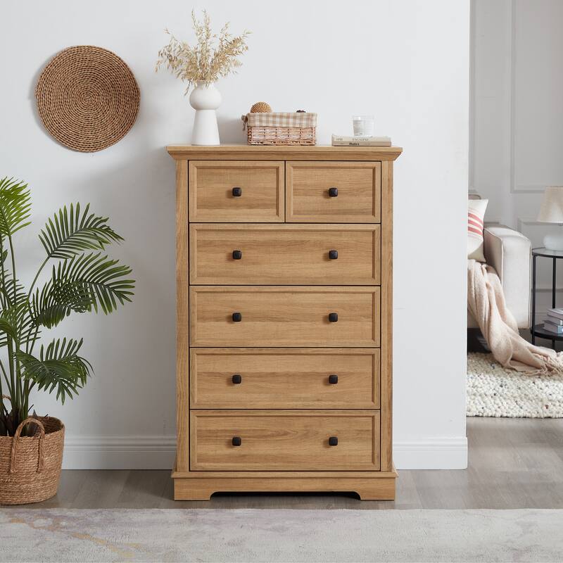 Oak 6-Drawer Dresser, Tall Chest of Drawers for Living Room Org