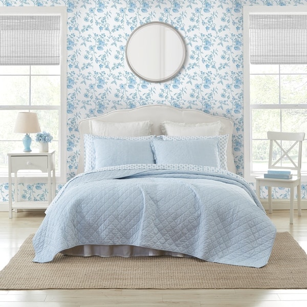 Laura Ashley Oxford Stripe Cotton Reversible Blue Quilt Set - Queen