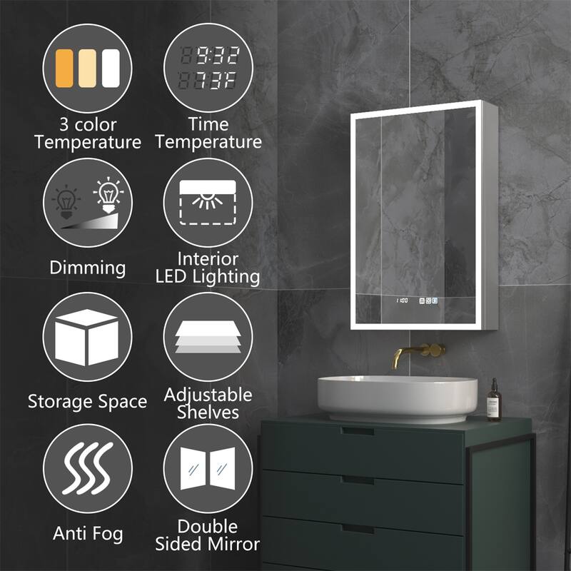 ExBrite 20" W x 30" H Lighted Medicine Cabinet Recessed or Surface led Medicine Cabinet with Outlets & USBs