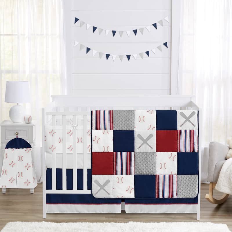 Baseball Patch Sports Boy Sweet Jojo Designs 6p Crib Bedding +BreathableBaby Breathable Mesh Liner Red Americana