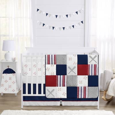 Baseball Patch Sports Boy Sweet Jojo Designs 6p Crib Bedding +BreathableBaby Breathable Mesh Liner Red Americana