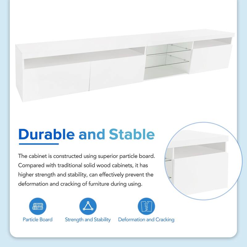 White 94" TV Stand with Glass Shelves & LED for TVs Up to 105"