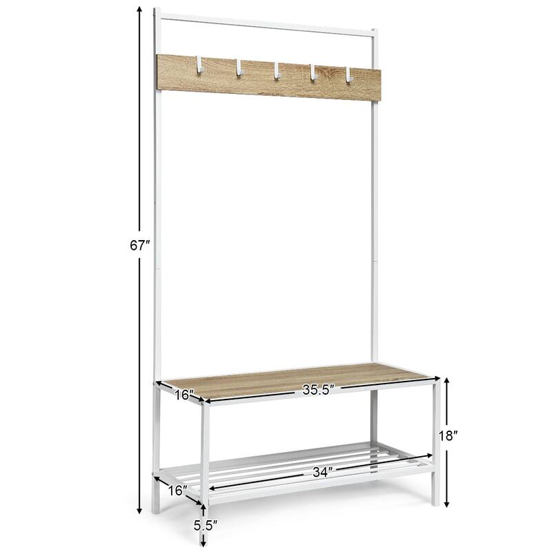 COSTWAY 3 in 1 Industrial Coat Rack Shoe Bench Entryway Hall Tree - 35.5'' x 16'' x 67'' (LxWxH)
