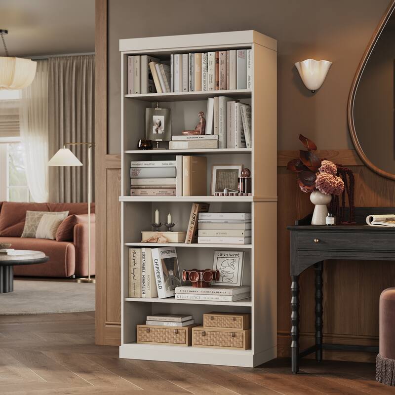 100% Solid Wood Tall Bookcase with Adjustable Shelves, Modular Storage, Open Display Bookshelf, 32" W x 71.5" H - Off White