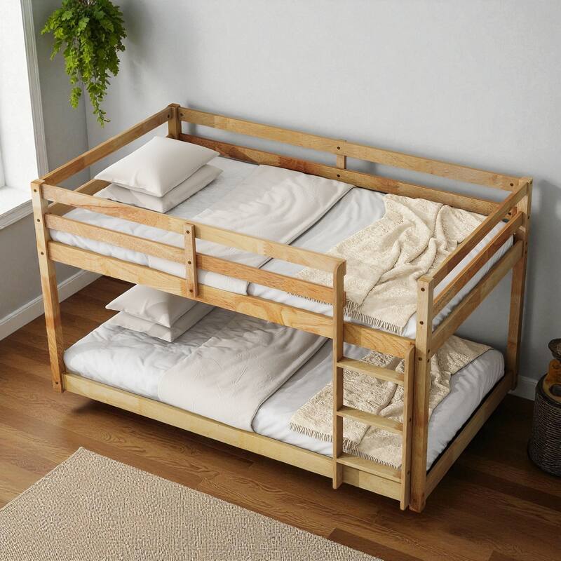Solid Rubber Wood Twin Over Twin Floor Bunk Bed with Ladder, Low Height Design and Strengthened Slat Support