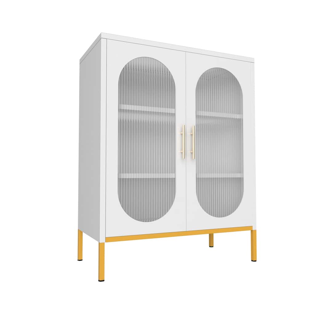 Refined White Fluted Glass 2-Door Cabinet with Adjustable Shelves - N/A