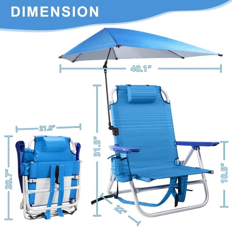 BOSSIN Outdoor Beach Chairs with Umbrella,Folding Backpack Beach Chair with Pockets and Cup Holder,Adjustable height Towel Rack