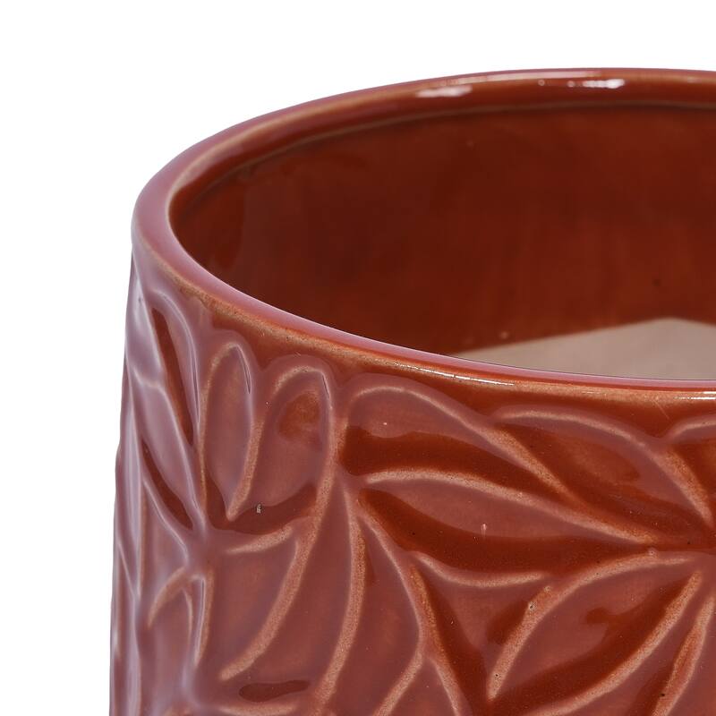 Set of 2 Handmade Modern Embossed Leaf Ceramic Planters with Saucers