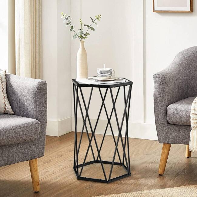 End Table Tempered Glass Top Metal Frame Hexagonal Accent Side Table Living Room - 16" x 13.5" x 24" (Lx Wx H)
