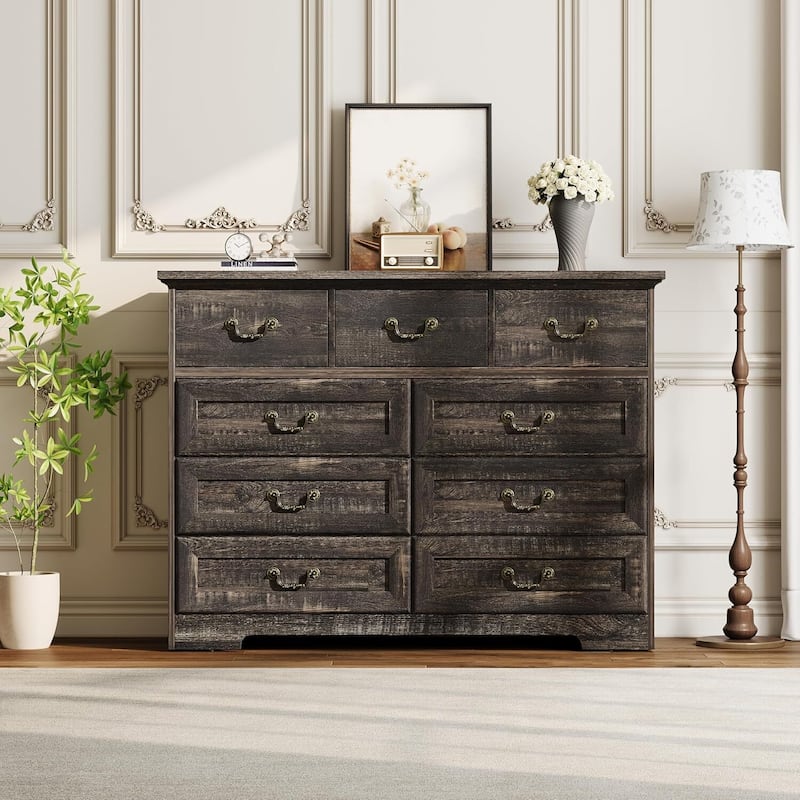 Vintage 9 Drawer Dresser for Bedroom Living Room - Grey