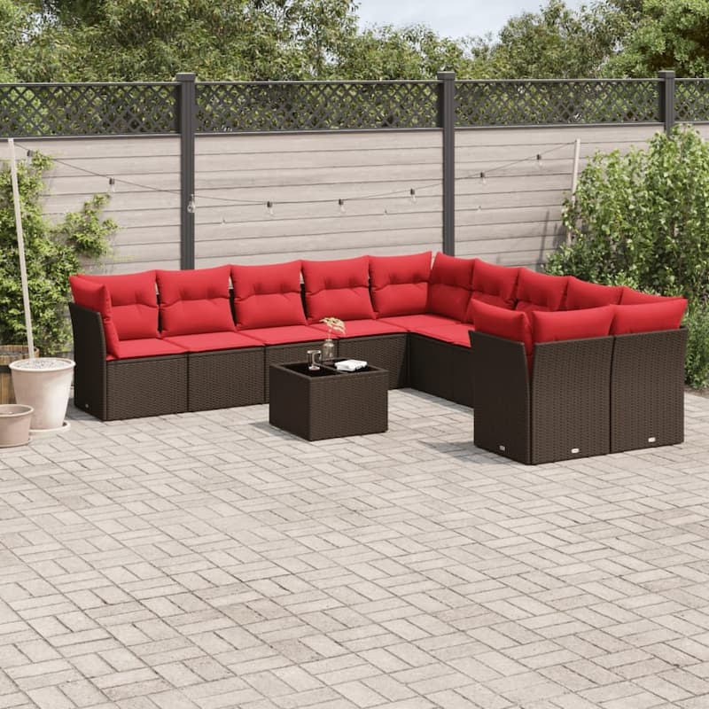 vidaXL 10/11 Piece Patio Sofa Set with Cushions Brown/Gray Poly Rattan - 21.7 x 24.4 x 27.2