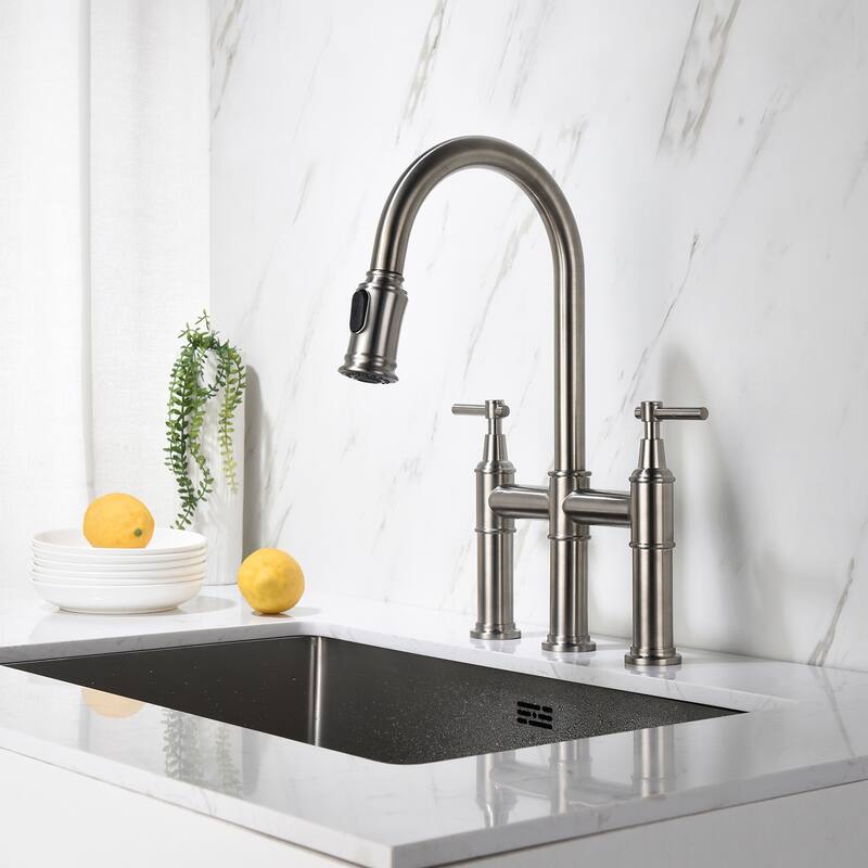 Bridge Kitchen Faucet with Pull-Down Sprayhead in Spot - Brushed Nickel