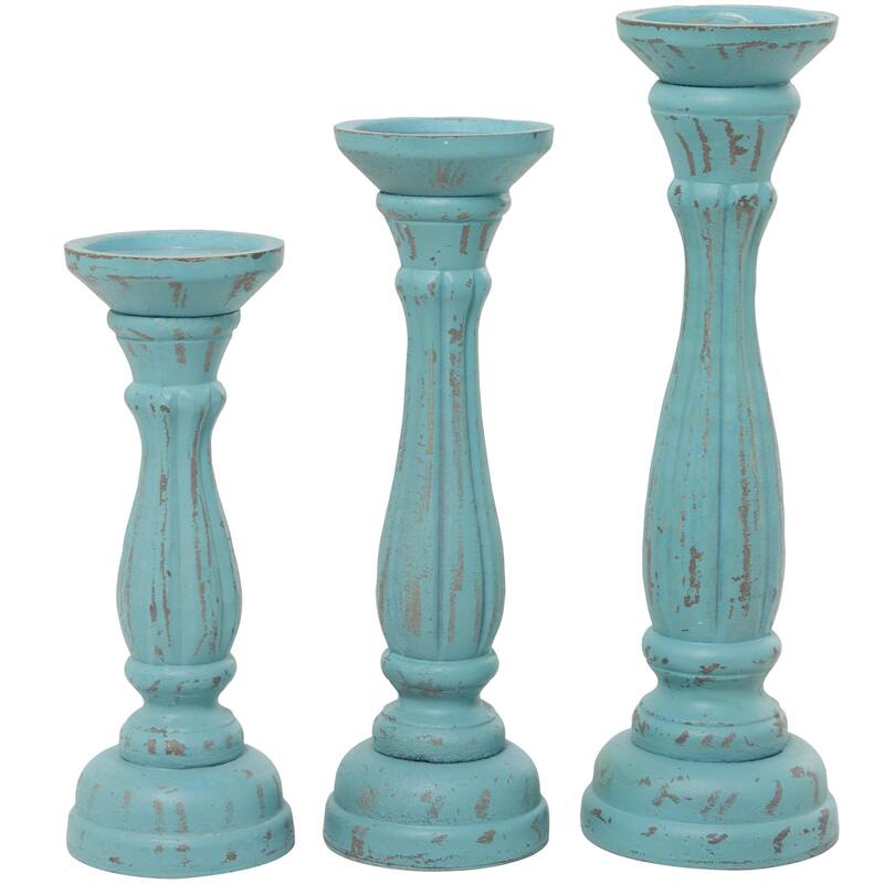 Wooden Distressed Turned Decorative Candle Holder - Set of 3 Gray, Brown, Blue, Green - Roche River Decor