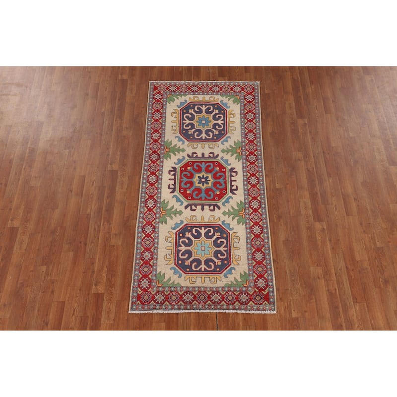 Beige Kazak Runner Rug Hand-Knotted Wool Carpet - 3'3" x 6'10"