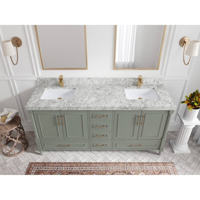 Willow Collections 72 in. W x 22 in. D Aberdeen Double Sink Bathroom Vanity with Countertops - 2" Carrara Marble - Evergreen