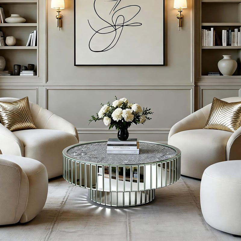 Round Mirrored Coffee Table Accent Table with Crushed Diamond