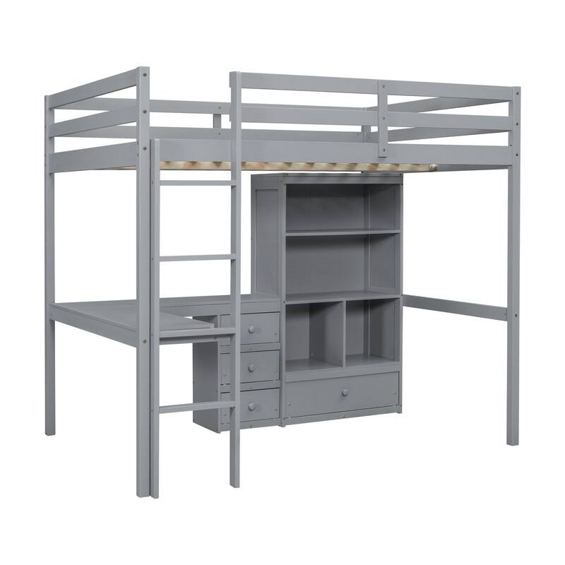 Full Size Loft Bed with Bulit-in L-Shaped Desk and Ladder, Wooden High Loft Bedframe with Storage Drawers and Shelves