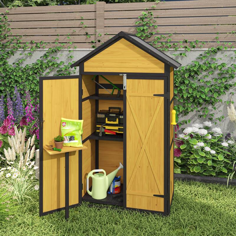 Wood Storage Cabinet Shed with Foldable Table & Removable Shelves Garden Tool Shed, Hooks, Lockable Doors - Brown