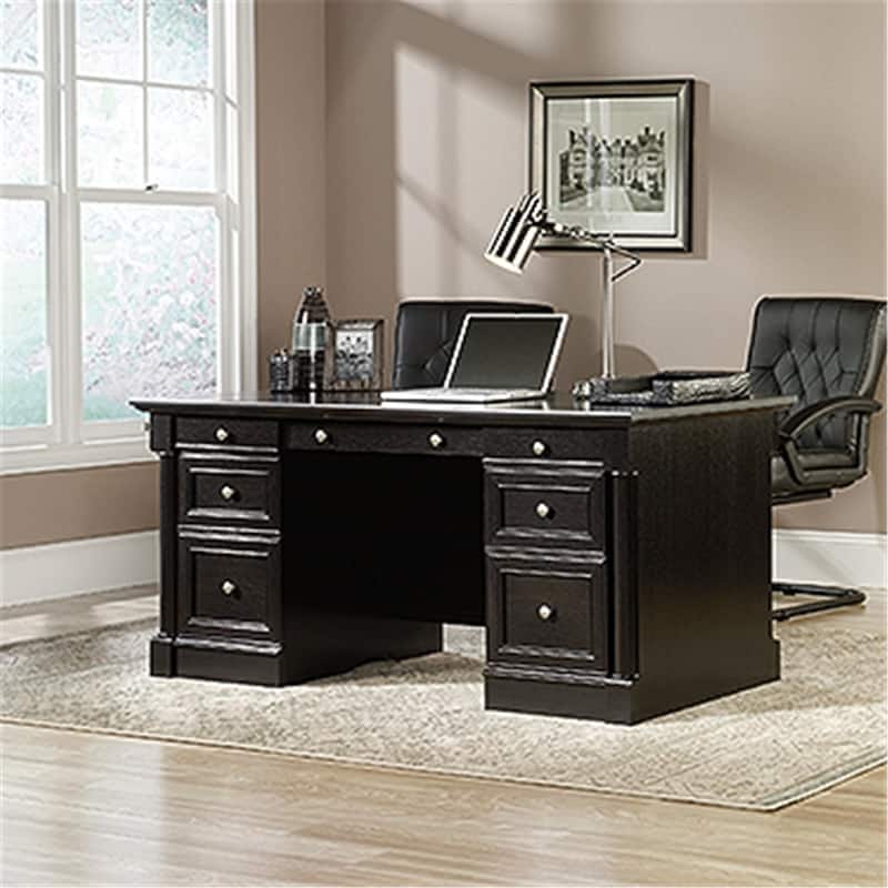 Executive Desk with 7 Drawers, Traditional Home Office Desk, Cord Management, Wind Oak Finish