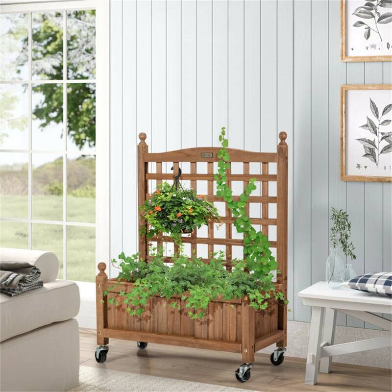 32in Wood Planter Box w/Trellis Mobile Raised Bed for Climbing Plant