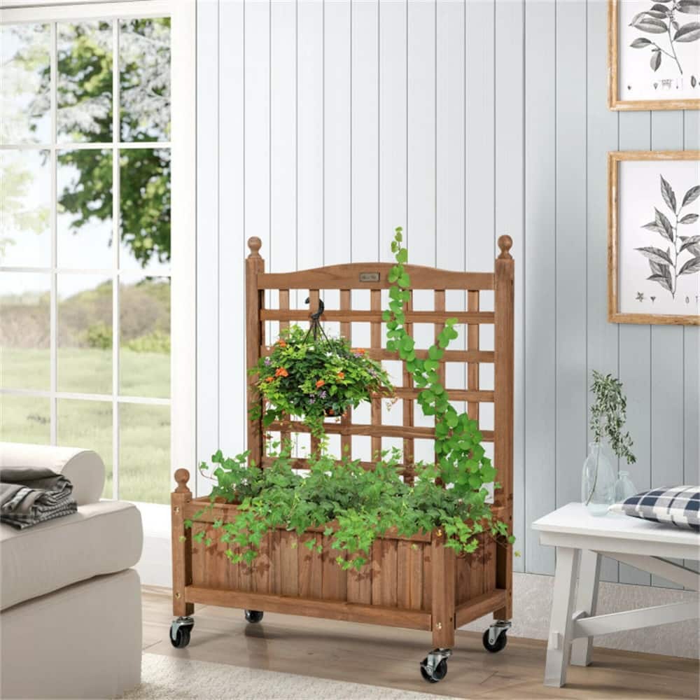 32in Wood Planter Box w/Trellis Mobile Raised Bed for Climbing Plant