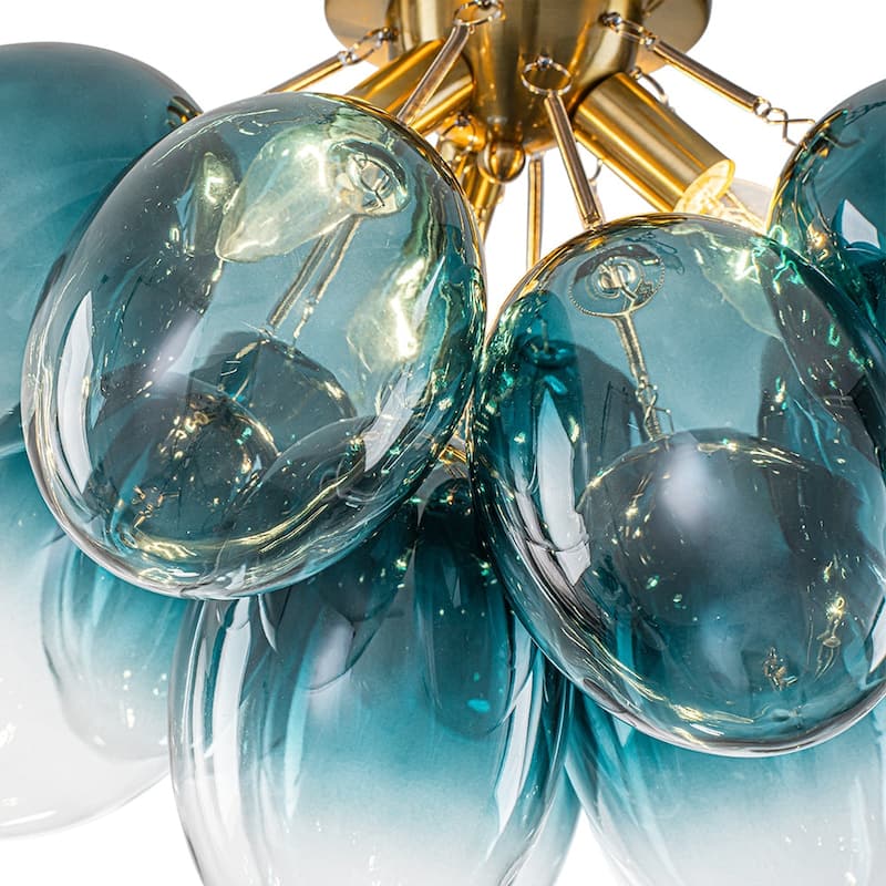 Cluster Blue Tinted Glass Globe Oval Bubble Semi Flush Chandelier