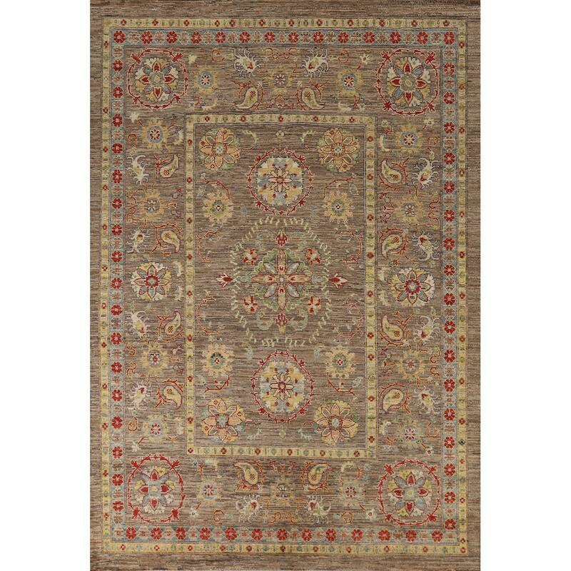 Hand Knotted Oriental 100% Wool Carpet Transitional All-Over Brown Oushak Area Rug - 9' 1'' X 6' 6''