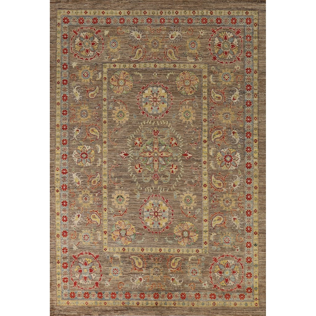 Hand Knotted Oriental 100% Wool Carpet Transitional All-Over Brown Oushak Area Rug - 9' 1'' X 6' 6''