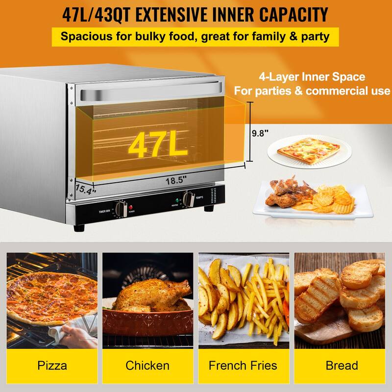 Commercial Convection Oven with Front Glass Door, Electric Baking Oven with Trays Wire Racks Clip Gloves - 47L/43Qt