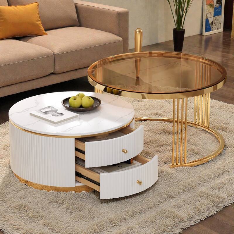 Modern Round Nesting Coffee Table Set of 2 with Drawers. MDF Top and Gold Metal Legs. Space Saving Accent Tables