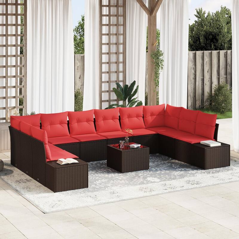 vidaXL 11 Piece Garden Sofa Set with Cushions - 135.4×82.3×27.2 - Brown-with table