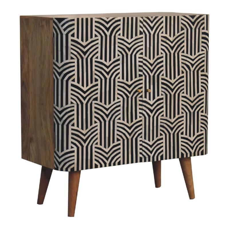 HomeRoots 32" Dark Brown Black and White Solid Wood And Inlaid Bone Textured Accent Cabinet With Two Doors