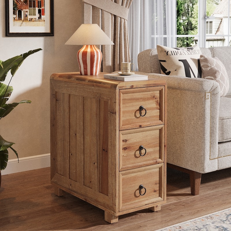 Solid Wood End Table for Living Room / Bedroom, Couch Side Table with 3 Drawers - 1-Piece