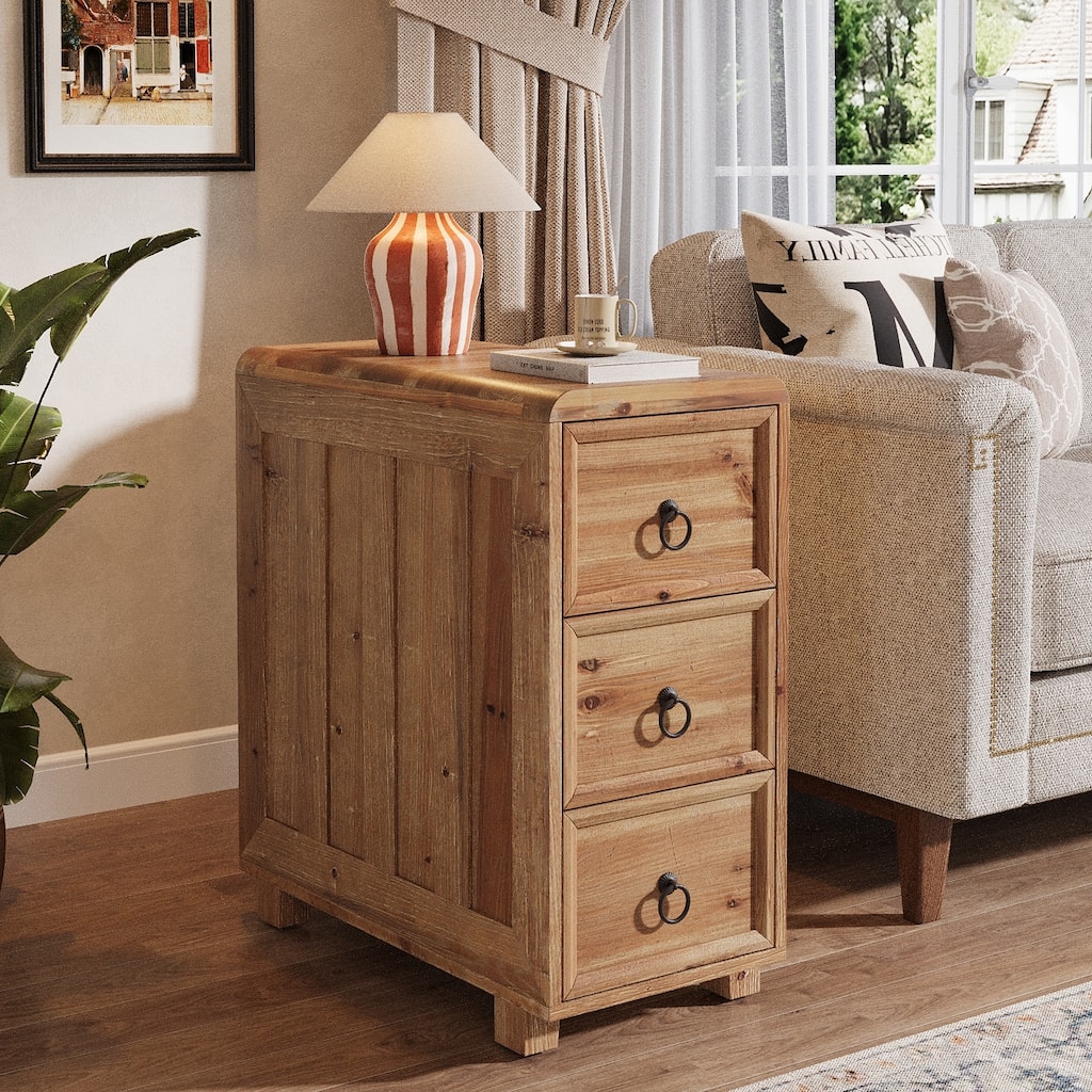 Solid Wood End Table for Living Room / Bedroom, Couch Side Table with 3 Drawers